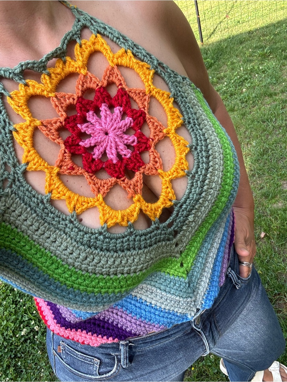 Handmade Crochet Halter Top in Rainbow colors! Sz L/XL